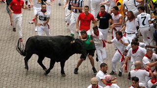 Revellers attempt to dodge a bull during the first running of the bulls at the San Fermin festival in Pamplona, Spain, July 7, 2019.