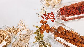 Grains and nuts in glass jars