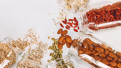 Grains and nuts in glass jars Grains and nuts in glass jars