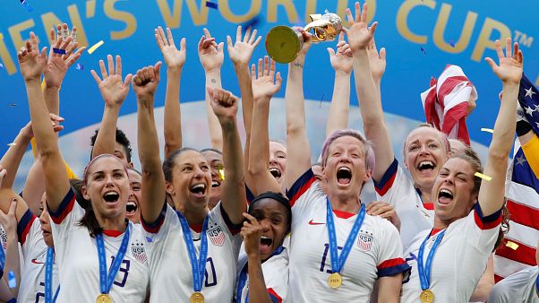 July 7, 2019 Megan Rapinoe of the U.S. and team mates celebrate winning the women's world cup with the trophy July 7, 2019 Megan Rapinoe of the U.S. and team mates celebrate winning the women's world cup with the trophy