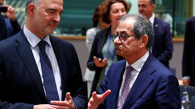 Il Commissario europeo Pierre Moscovici con Giovanni Tria, ministro dell'Economia italiano. (Bruxelles, 8.7.2019)