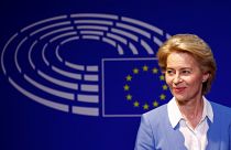 German Defense Minister Ursula von der Leyen, who has been nominated as European Commission President, briefs the media.