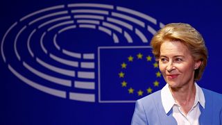 German Defense Minister Ursula von der Leyen, who has been nominated as European Commission President, briefs the media.