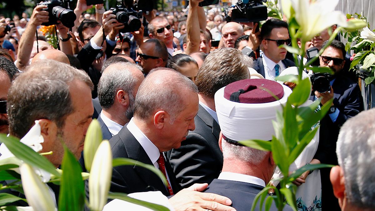 Turkish President Recep Tayyip Erdogan attends commemorations for the 24th anniversary of the Srebrenica massacre
