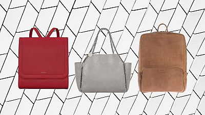 Three sustainable bags on a tiled background