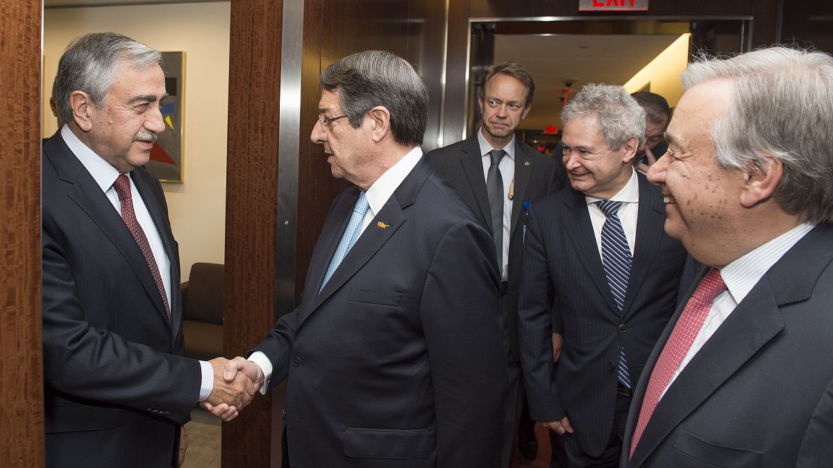 Secretary General Antonio Guterres meeting with Greek Community leader H. E. Nicos Anastasiades and Turkish Community leader H.E. Mustafa Akinci.
