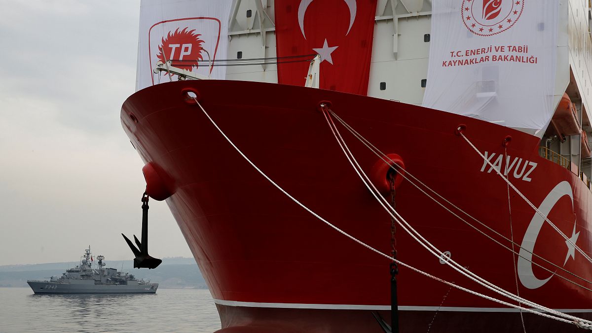 Turkish Navy frigate TCG Fatih (F-242) is seen next to Turkish drilling vessel Yavuz at Dilovasi port in the western city of Kocaeli, Turkey, June 20, 2019. 