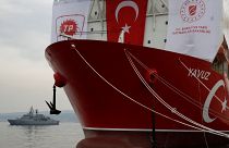 Turkish Navy frigate TCG Fatih (F-242) is seen next to Turkish drilling vessel Yavuz at Dilovasi port in the western city of Kocaeli, Turkey, June 20, 2019.