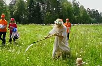 Rusya'da tırpanla çim biçme yarışması heyecanı