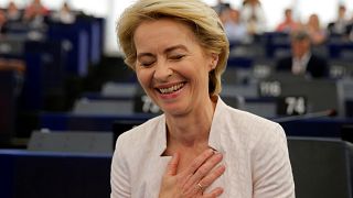Elected European Commission President Ursula von der Leyen reacts after a vote on her election at the European Parliament in Strasbourg, France, July 16, 2019.