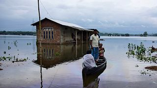 قرويون ينقلون على قارب الى مكان آمن في قرية غمرتها مياه الفيضانات في ولاية آسام في شمال شرق الهند يوم 15 تموز/يوليو 2019. تصوير: أنور هازاريكا