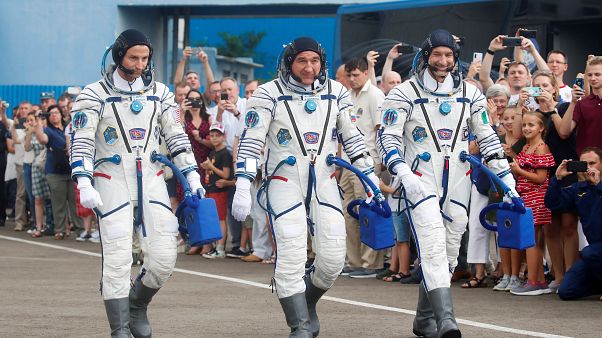 (L-R) Andrew Morgan, Alexander Skvortsov and Luca Parmitano preparing for takeoff (L-R) Andrew Morgan, Alexander Skvortsov and Luca Parmitano preparing for takeoff