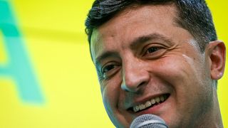 Volodymyr Zelensky speaking at his party's headquarters after the parliamentary election
