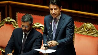 Italian Prime Minister Giuseppe Conte addresses the Parliament on allegations that the ruling coalition League party has sought illegal funding from Russia, 