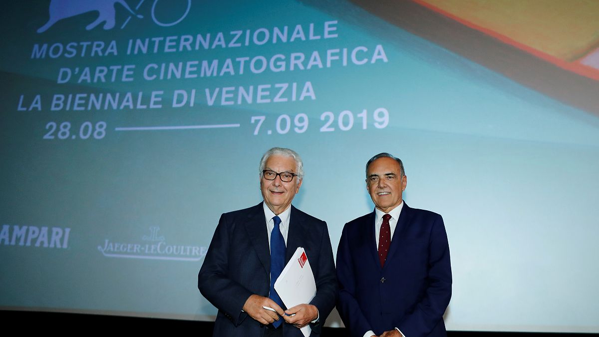 Paolo Baratta and Alberto Barbera pose ahead of announcement of the 76th Venice Film Festival line-up