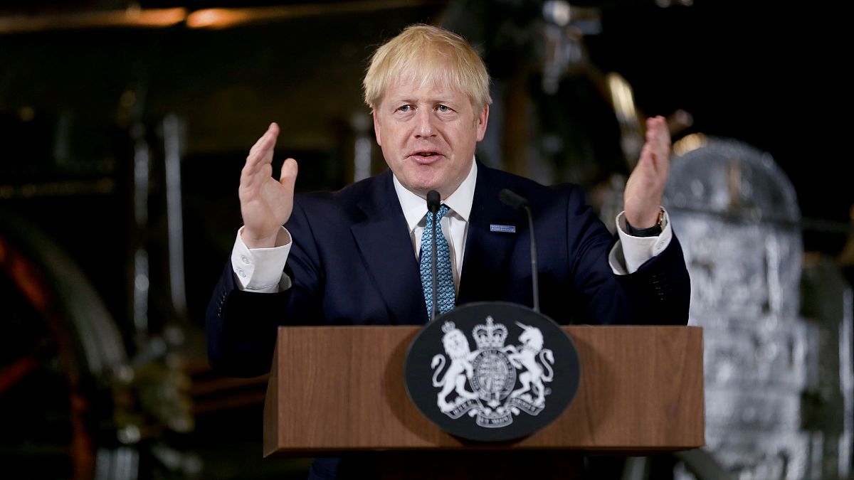 رئيس الوزراء البريطاني بوريس جونسون في مانشستر يوم 27 يوليو تموز 2019. 
