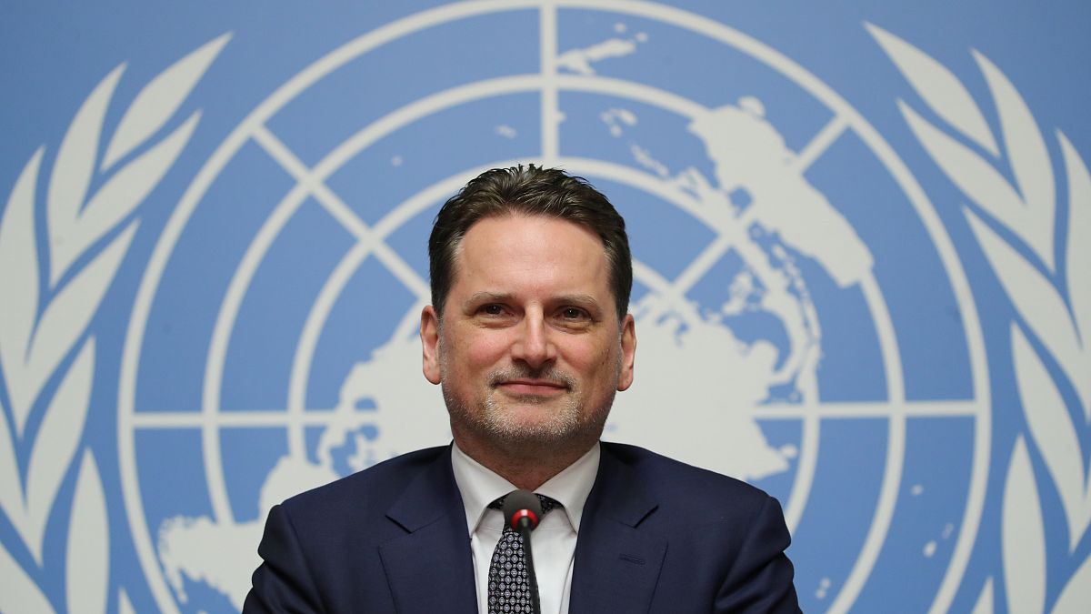 بيير كرينبول المفوض العام لوكالة الأمم المتحدة لإغاثة وتشغيل اللاجئين الفلسطينيين (الأونروا) خلال مؤتمر صحفي في جنيف يوم 29 يناير كانون الثاني 2019