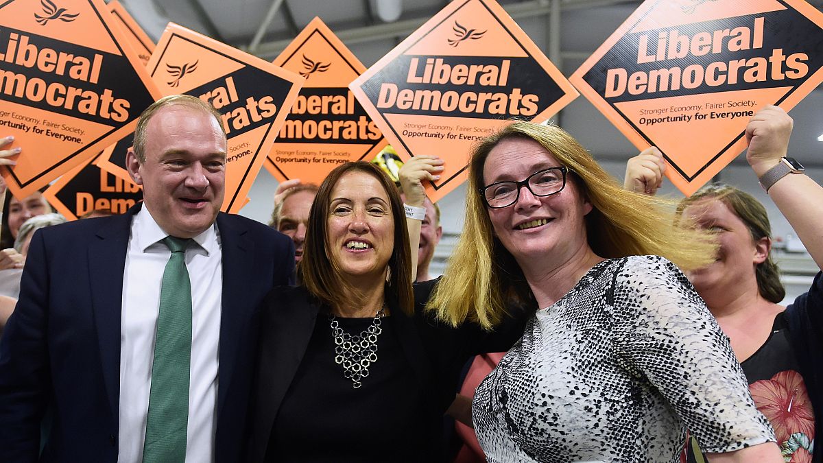 Liberal Democrats candidate Jane Dodds (C) after winning the by-election in  Brecon and Radnorshire. August 2, 2019.