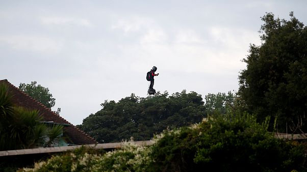 rench inventor Franky Zapata arrives to Dover on a Flyboard during his second attempt to cross the English channel from Sangatte to Dover, Britain August 4, 2019 rench inventor Franky Zapata arrives to Dover on a Flyboard during his second attempt to cross the English channel from Sangatte to Dover, Britain August 4, 2019