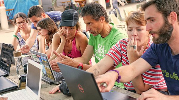 Climate activists take part in a workshop at the 2019 Camp Climat in Kingersheim, France. Climate activists take part in a workshop at the 2019 Camp Climat in Kingersheim, France.