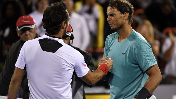Fabio Fognini e Rafa Nadal alla fine del loro quarto di finale alla Rogers Cup. Fabio Fognini e Rafa Nadal alla fine del loro quarto di finale alla Rogers Cup.