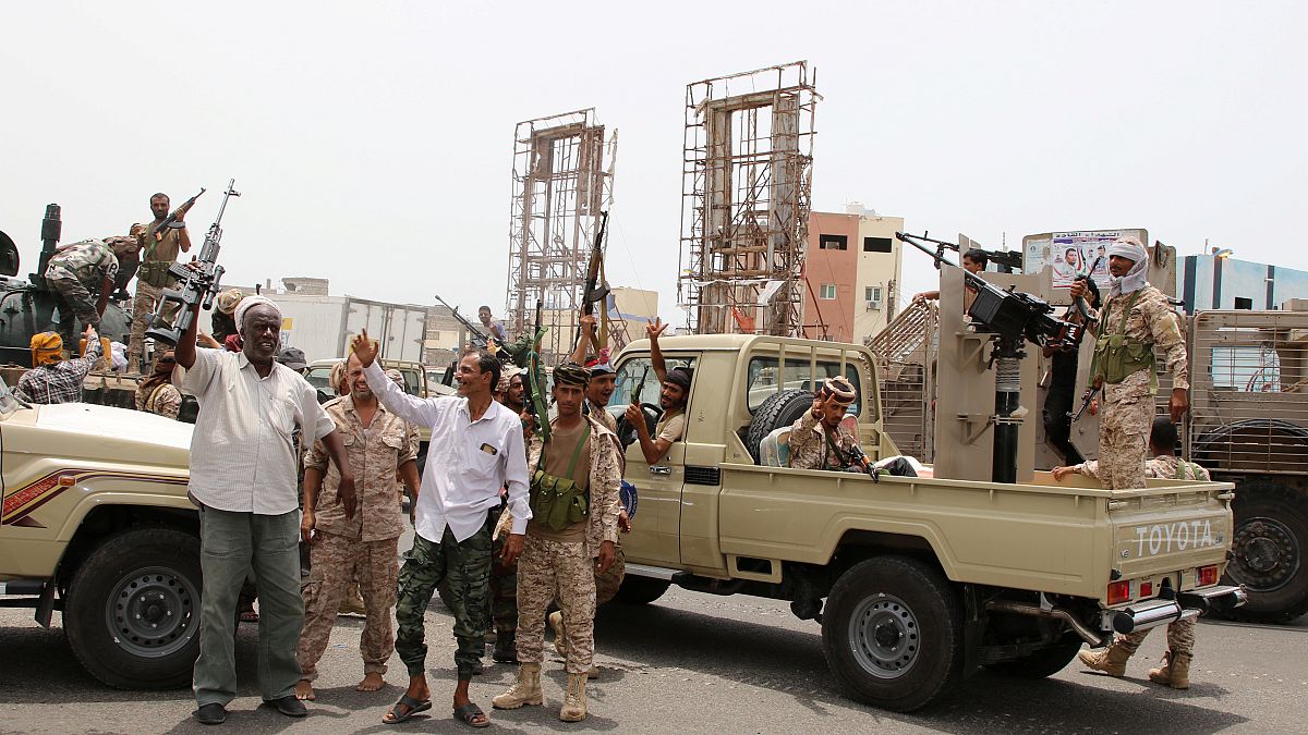 مسلحون من الإنفصالين الجنوبيين بمدينة عدن المدعومين من الإمارات العربية المتحدة. آب 2019