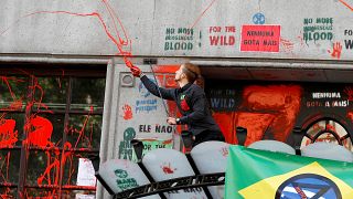 شاهد: محتجون يلطخون سفارة البرازيل بلندن بالطلاء الأحمر تذكيرا بالأمازون