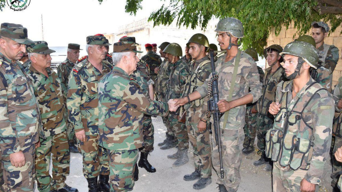 General Ali Abdullah Ayyoub, Syria's Defense Minister visits army soldiers in al-Hobeit in Idlib province