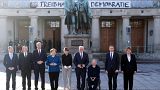 German Chancellor Angela Merkel and President Frank-Walker Steinmeier pose with other dignitaries at an event to mark 100 years since the Weimar constitution was signed in 191
