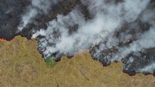 An aerial view shows smoke rising over a deforested plot of the Amazon jungle in Porto Velho, Rondonia State, Brazil, in this August 24, 2019 picture taken with a drone.