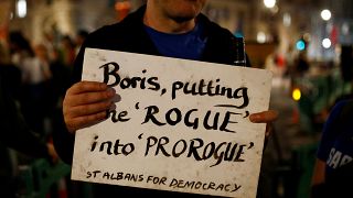 An anti-Brexit protestor holds placard, outside the Houses of Parliament in London, Britain August 28, 2019.