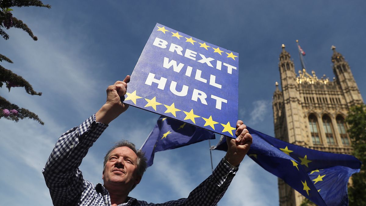 An anti-Brexit protester holds a placard outside the Houses of the Parliament in London, Britain August 29, 2019. 