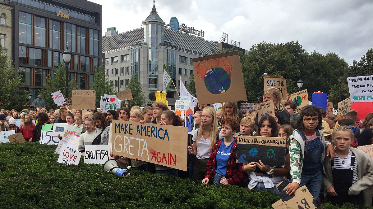 Students in front of the Norwegian Parliament building to demand government action to limit climate change, as part of the global movement inspired by Swedish stude