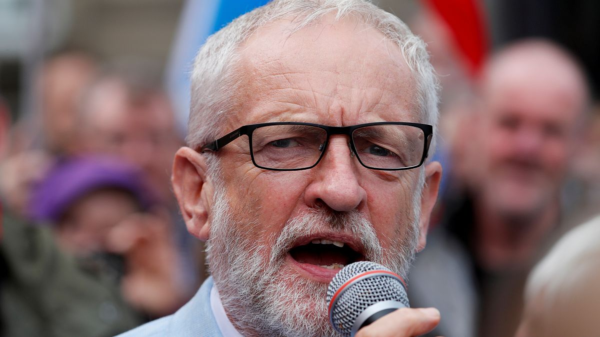 Britain's opposition Labour Party leader Jeremy Corbyn speaks during an anti-Brexit demonstration at George Square in Glasgow, Scotland, Britain, August 31, 2019.