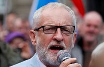 Britain's opposition Labour Party leader Jeremy Corbyn speaks during an anti-Brexit demonstration at George Square in Glasgow, Scotland, Britain, August 31, 2019.