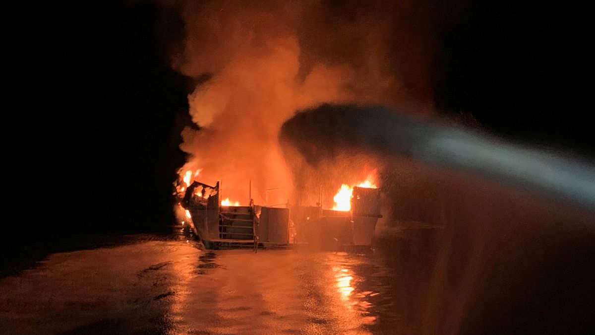 Ventura County Fire Department personnel respond to a boat fire on a 75-foot (23-meter) vessel off Santa Cruz Island, California, U.S. September 2, 2019. 