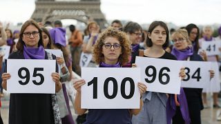 Rassemblement au pied de la tour Eiffel, à l'initiative de l'association "Nous Toutes", pour dénoncer le 100e cas de féminicide en France en 2019. Paris, le 01/09/2019