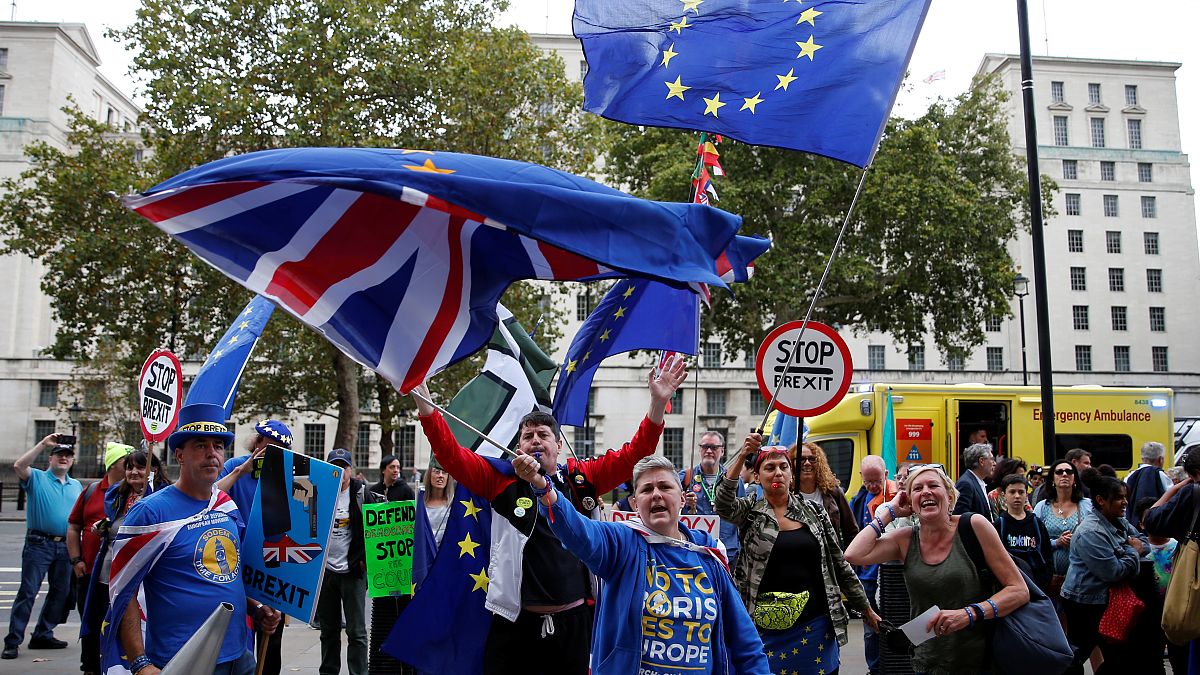 Anti-Brexit protesters demonstrate outside the Cabinet Office in London, Britain, September 2, 2019. 