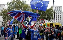 Anti-Brexit protesters demonstrate outside the Cabinet Office in London, Britain, September 2, 2019. 