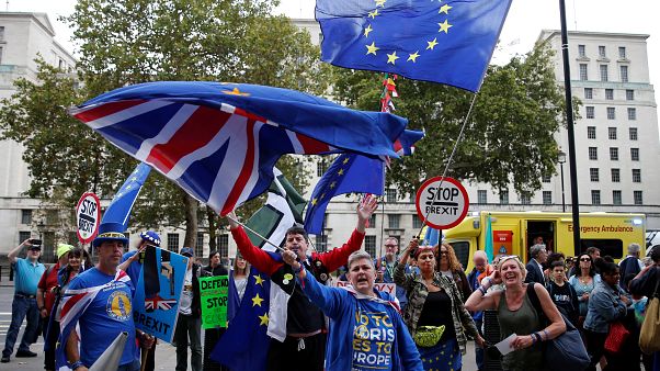 Anti-Brexit protesters demonstrate outside the Cabinet Office in London, Britain, September 2, 2019. Anti-Brexit protesters demonstrate outside the Cabinet Office in London, Britain, September 2, 2019.