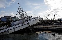 A destroyed boat is seen at a marina after Hurricane Dorian hit the Abaco Islands in Marsh Harbour