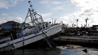 A destroyed boat is seen at a marina after Hurricane Dorian hit the Abaco Islands in Marsh Harbour