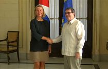 Federica Mogherini junto al canciller cubano, Bruno Rodríguez