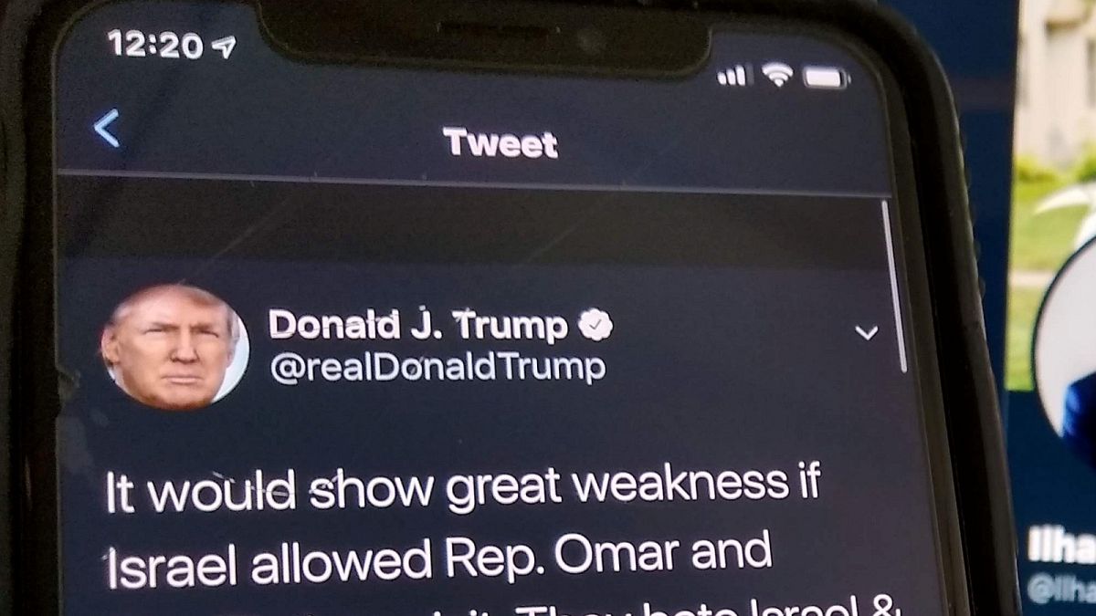 A tweet from U.S. President Trump urging Israel not to allow U.S. Reps Omar and Tlaib to enter the country is seen in Washington