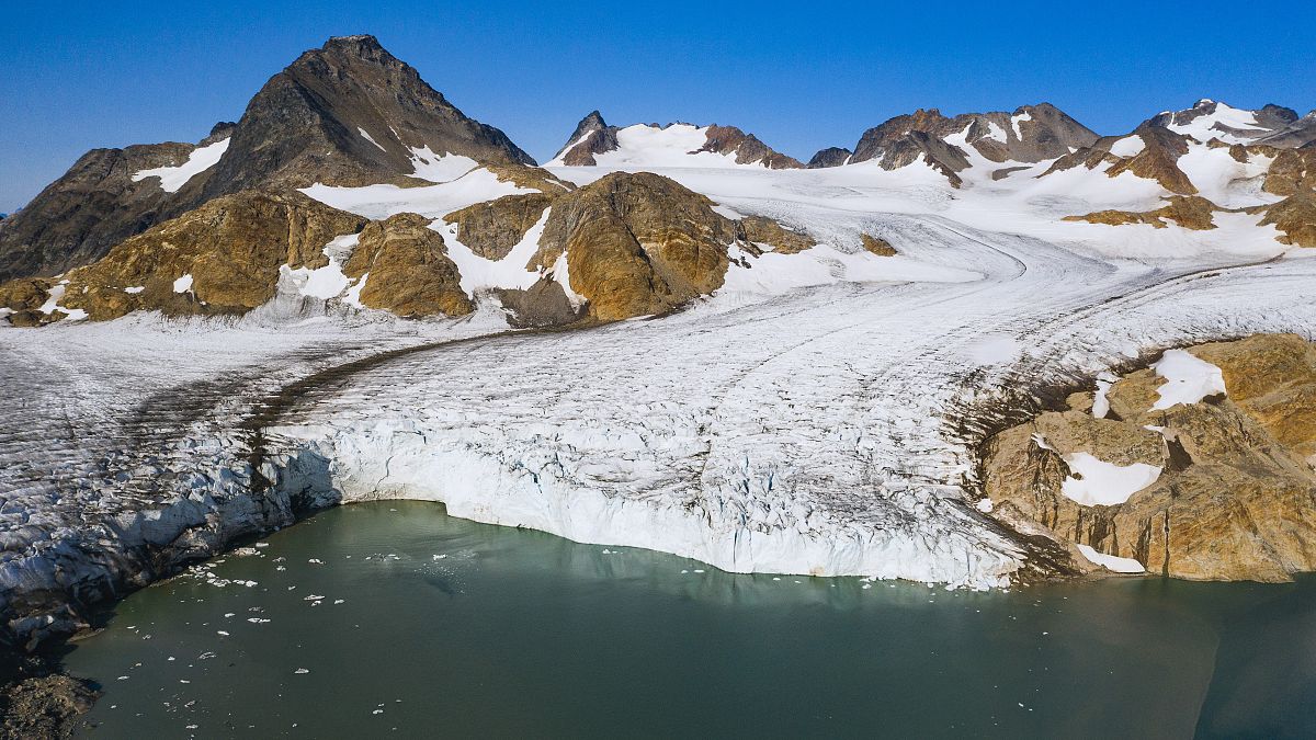 An aerial photo taken on August 17, 2019 shows a view of the Apusiajik glacier, near Kulusuk