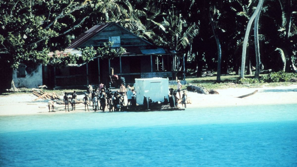 US crews bringing equipment onshore in the Chagos Islands in 1971