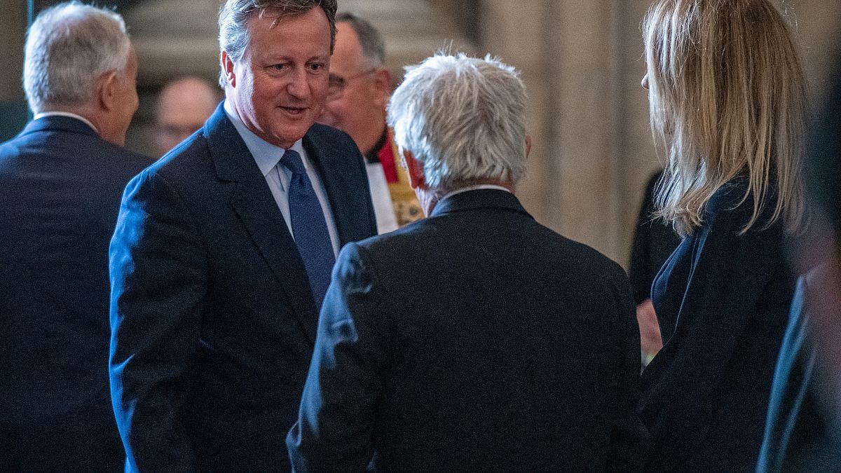 Britain's former Prime Minister David Cameron speaks with Speaker of the House of Commons, John Bercow during the memorial service for Lord Paddy Ashdown at Westminster Abbey.