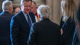 Britain's former Prime Minister David Cameron speaks with Speaker of the House of Commons, John Bercow during the memorial service for Lord Paddy Ashdown at Westminster Abbey.