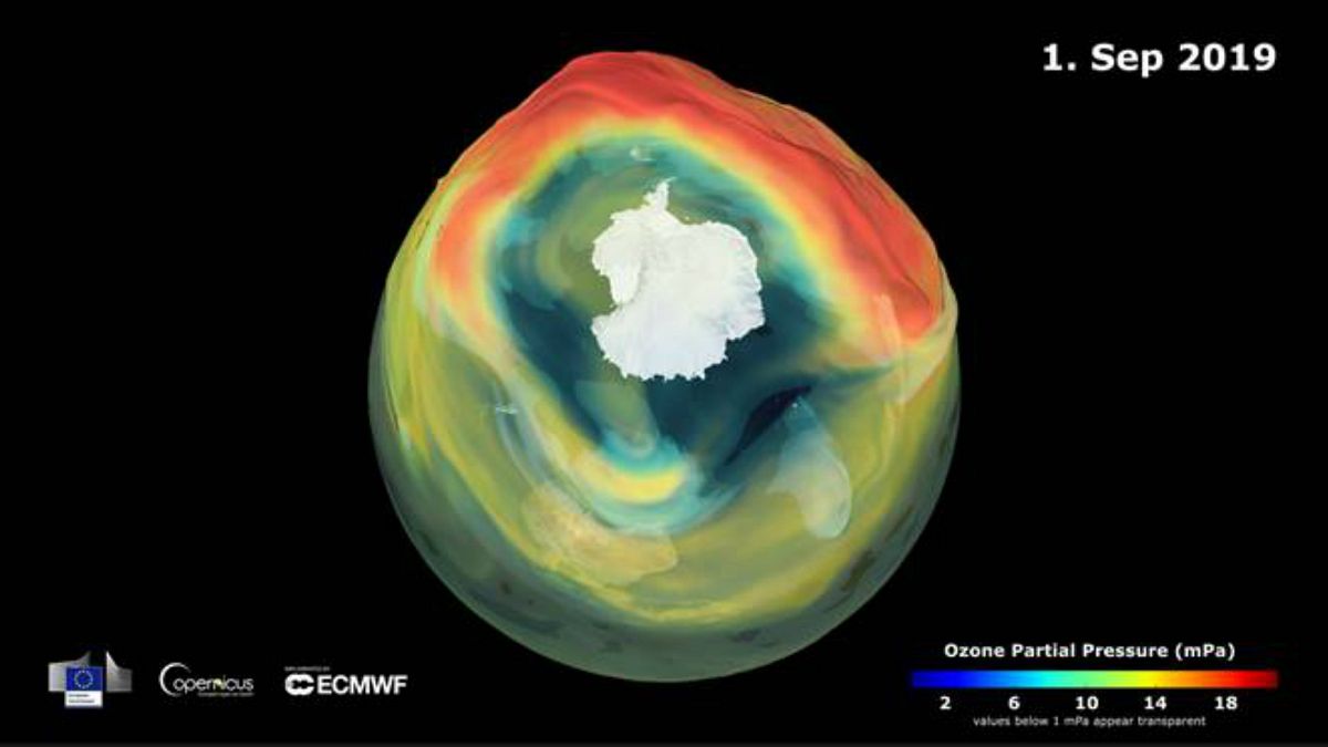 Representación del agujero de la capa de ozono el 1 de septiembre de 2019.