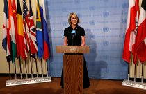 كيلي كرافت، المندوبة الأميركية في مجلس الأمن الدولي في مؤتمر صحافي في نيويورك